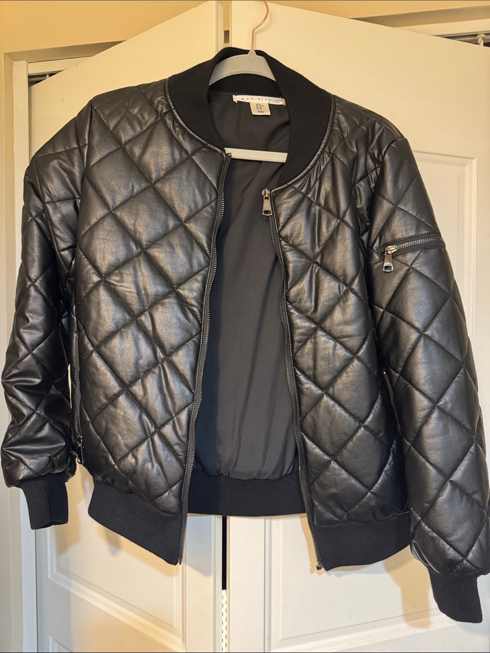 Max Studio Quilted Faux Leather Bomber Jacket - Black